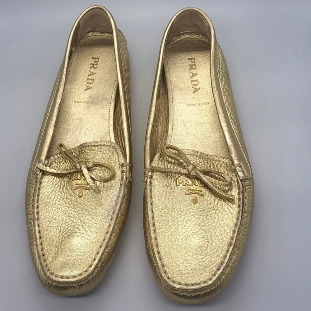 Prada Gold leather Logo driving loafers authentic